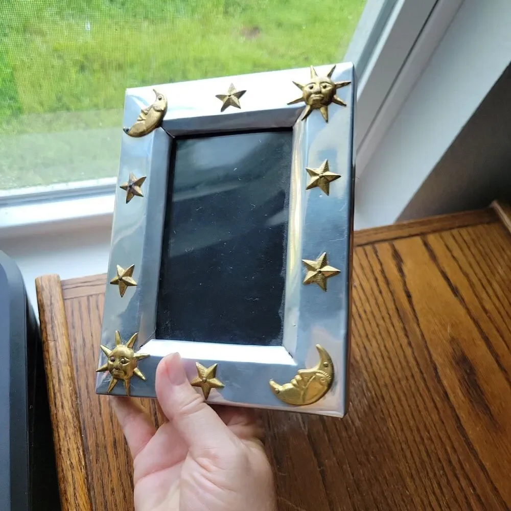 Vtg 90s celestial photo frame 4x6 in pewter and gold RARE READ Y2k Moon Sun Star